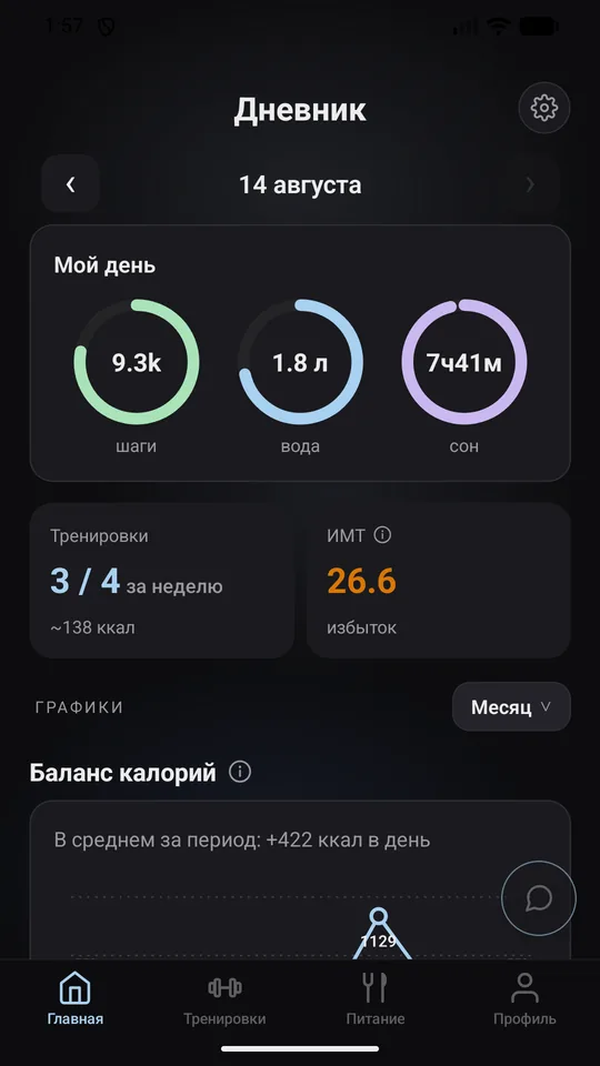 Главный экран приложения: кольца дня, тренировки, баланс калорий